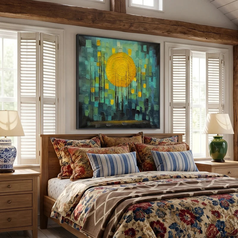 Teal & Gold Abstract Wall Art – Textured Geometric Sun Painting#yy825172