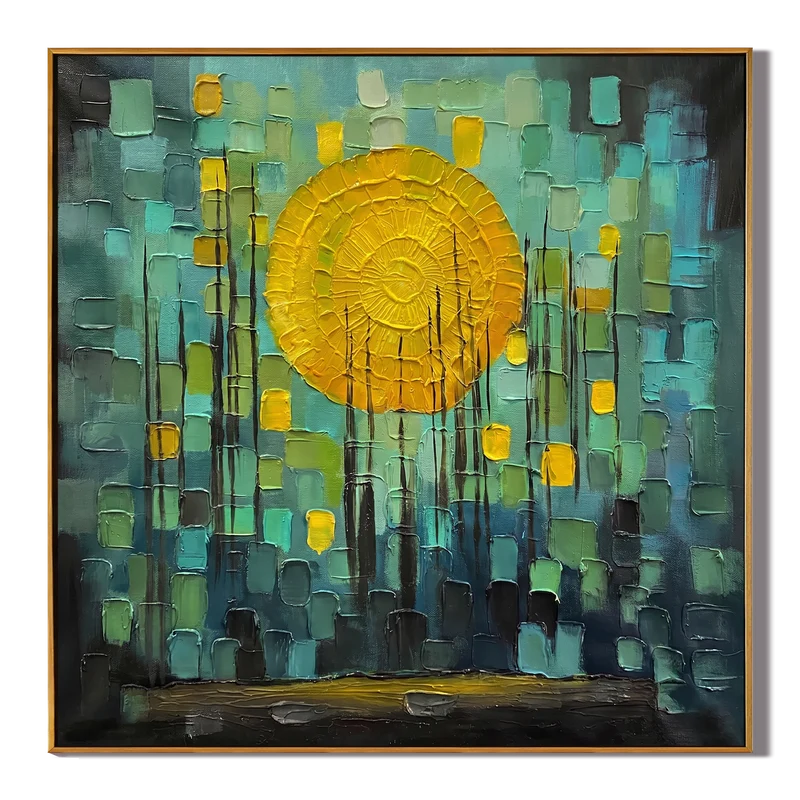 Teal & Gold Abstract Wall Art – Textured Geometric Sun Painting#yy825172