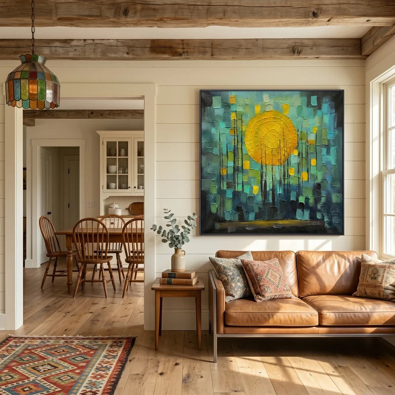 Teal & Gold Abstract Wall Art – Textured Geometric Sun Painting#yy825172