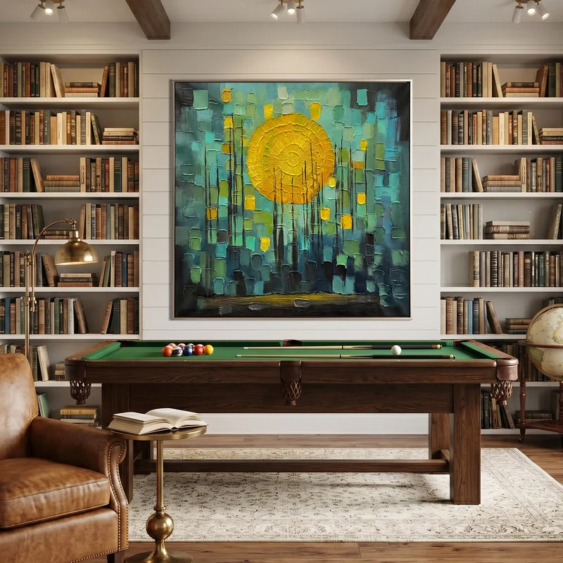 Teal & Gold Abstract Wall Art – Textured Geometric Sun Painting#yy825172