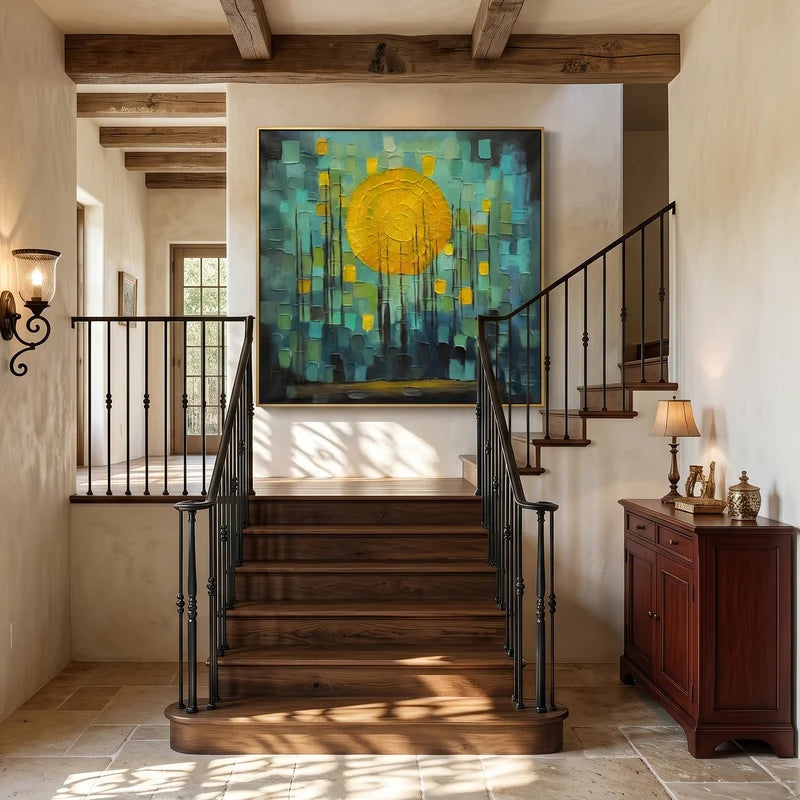 Teal & Gold Abstract Wall Art – Textured Geometric Sun Painting#yy825172