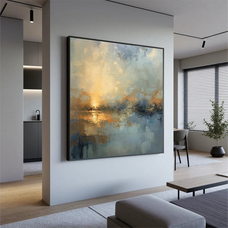 Blue & Gold Waterscape Wall Art – Abstract Sunset Painting#yy825174
