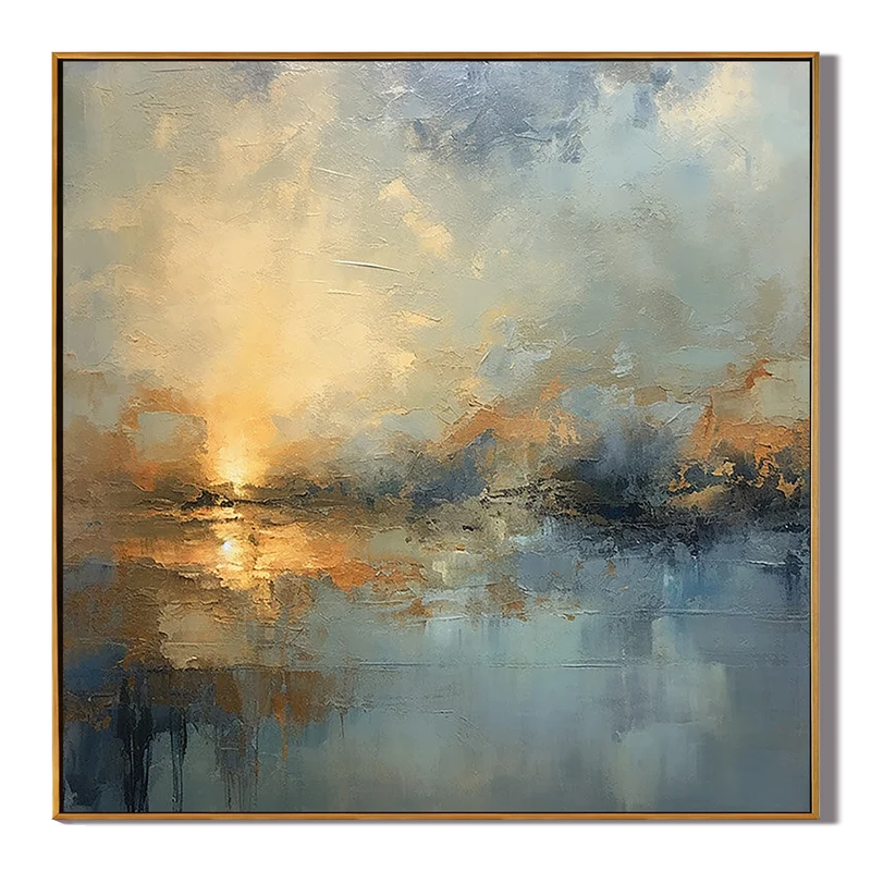 Blue & Gold Waterscape Wall Art – Abstract Sunset Painting#yy825174