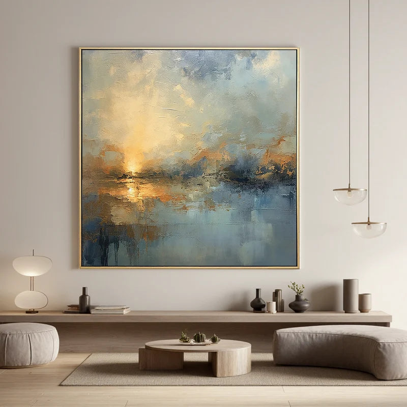 Blue & Gold Waterscape Wall Art – Abstract Sunset Painting#yy825174