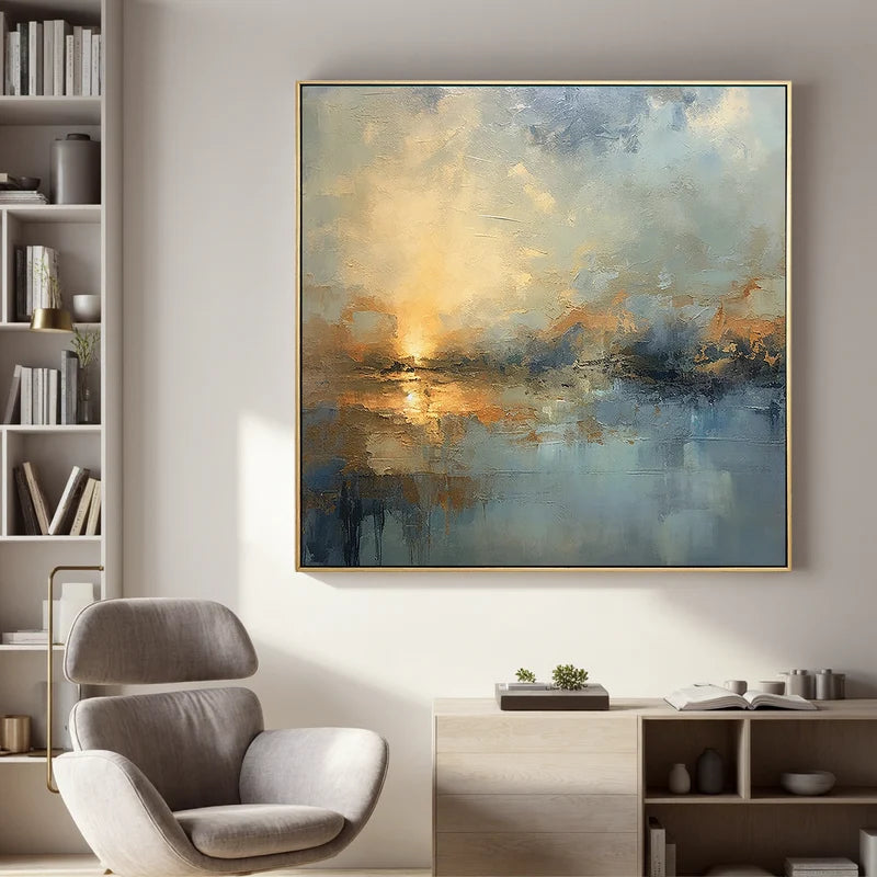 Blue & Gold Waterscape Wall Art – Abstract Sunset Painting#yy825174