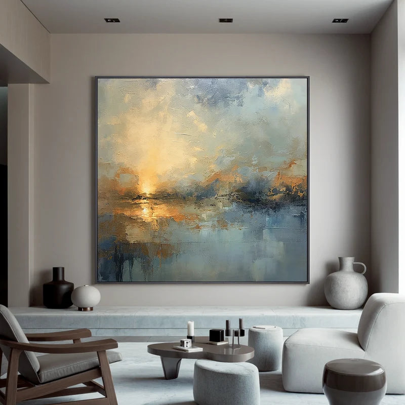 Blue & Gold Waterscape Wall Art – Abstract Sunset Painting#yy825174