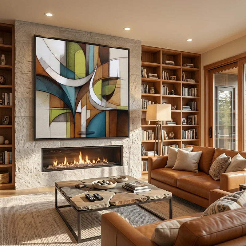 Mid-Century Geometric Wall Art – Teal & Brown Abstract#yy825178
