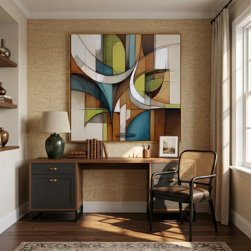 Mid-Century Geometric Wall Art – Teal & Brown Abstract#yy825178