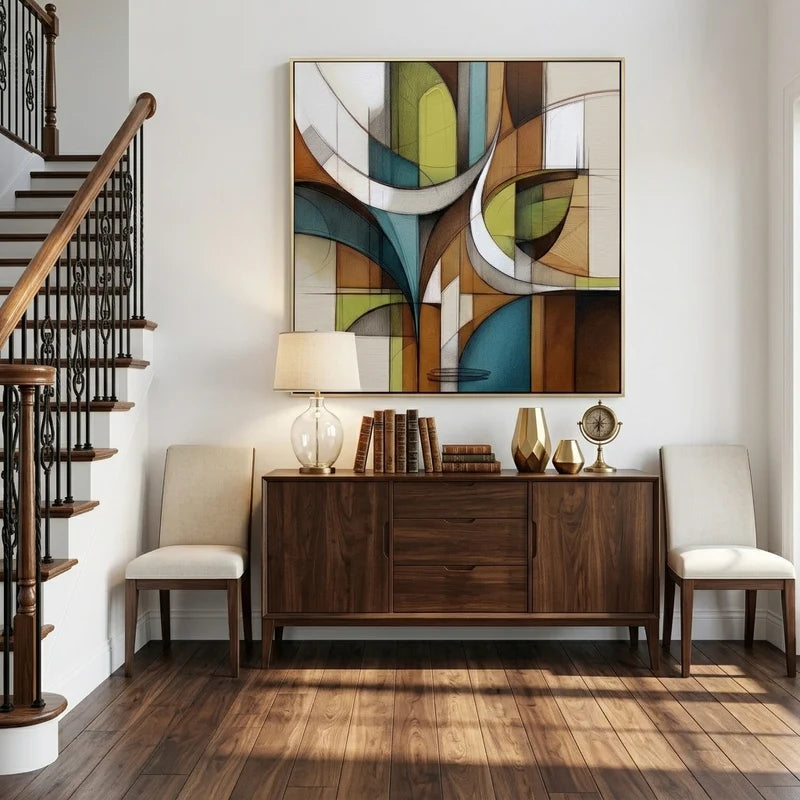 Mid-Century Geometric Wall Art – Teal & Brown Abstract#yy825178