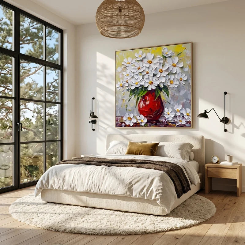 White Daisy Bouquet Wall Art – Red Vase Floral Painting#yy825179