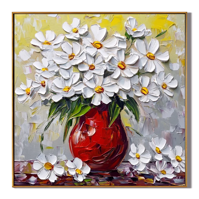 White Daisy Bouquet Wall Art – Red Vase Floral Painting#yy825179