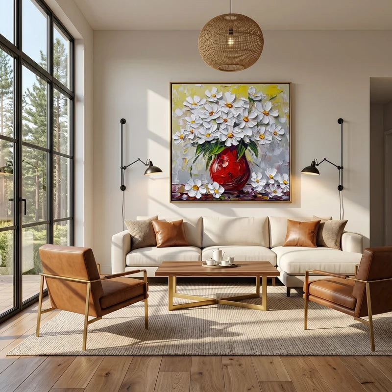 White Daisy Bouquet Wall Art – Red Vase Floral Painting#yy825179