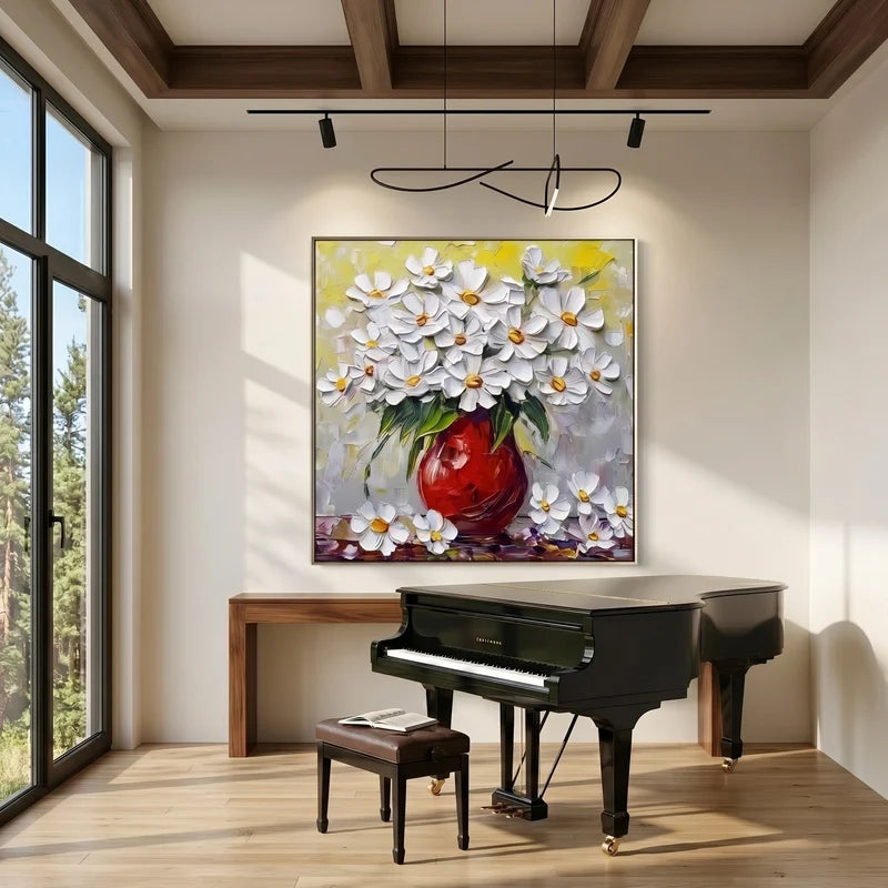 White Daisy Bouquet Wall Art – Red Vase Floral Painting#yy825179