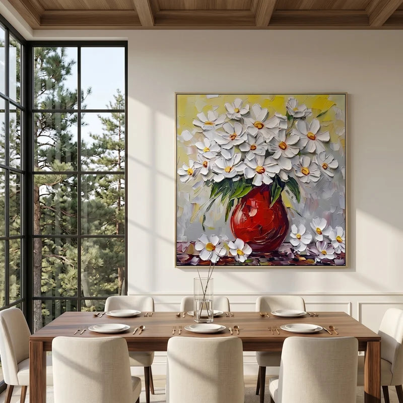White Daisy Bouquet Wall Art – Red Vase Floral Painting#yy825179