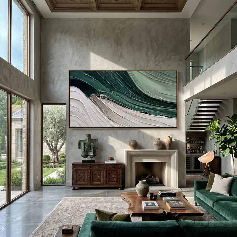 Forest Green Abstract Wave Wall Art – Textured Modern Painting#yy825181