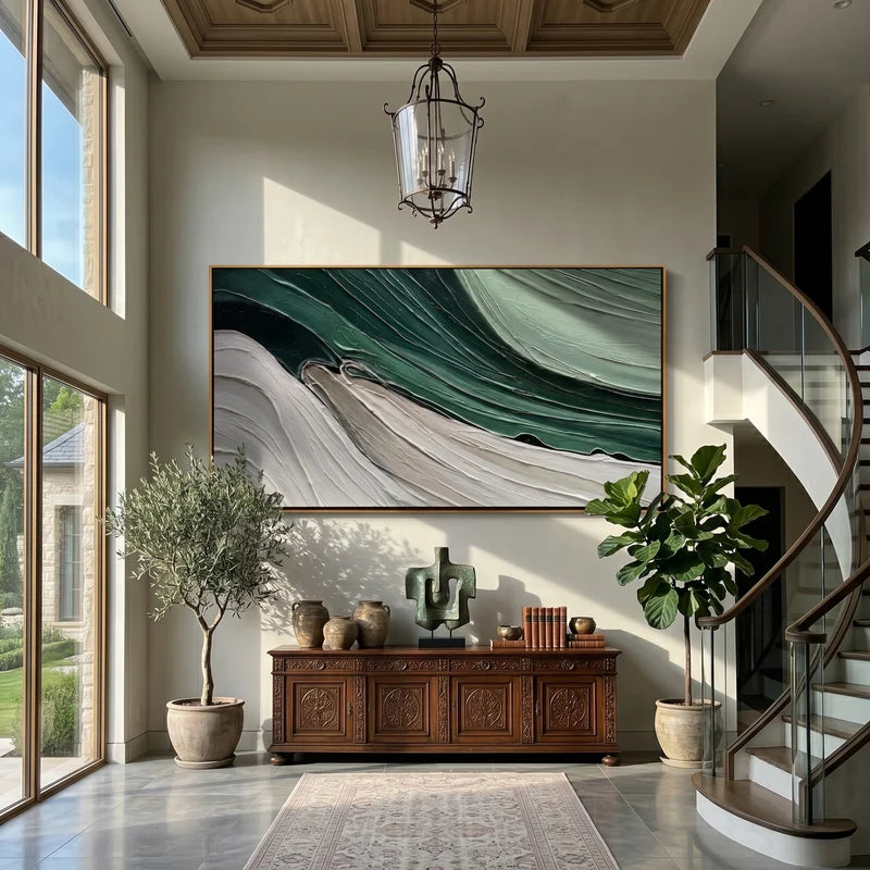 Forest Green Abstract Wave Wall Art – Textured Modern Painting#yy825181