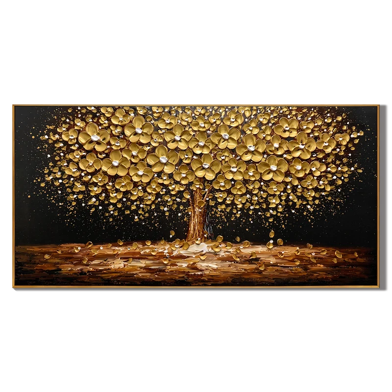Gold Tree of Life Wall Art – Black Textured Painting#yy825183