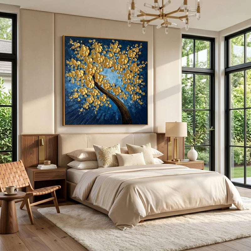 Gold Blossom Tree Wall Art – Navy Blue Floral Painting#yy825184