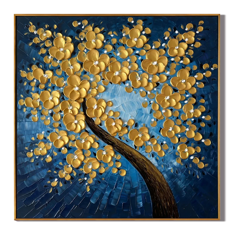 Gold Blossom Tree Wall Art – Navy Blue Floral Painting#yy825184