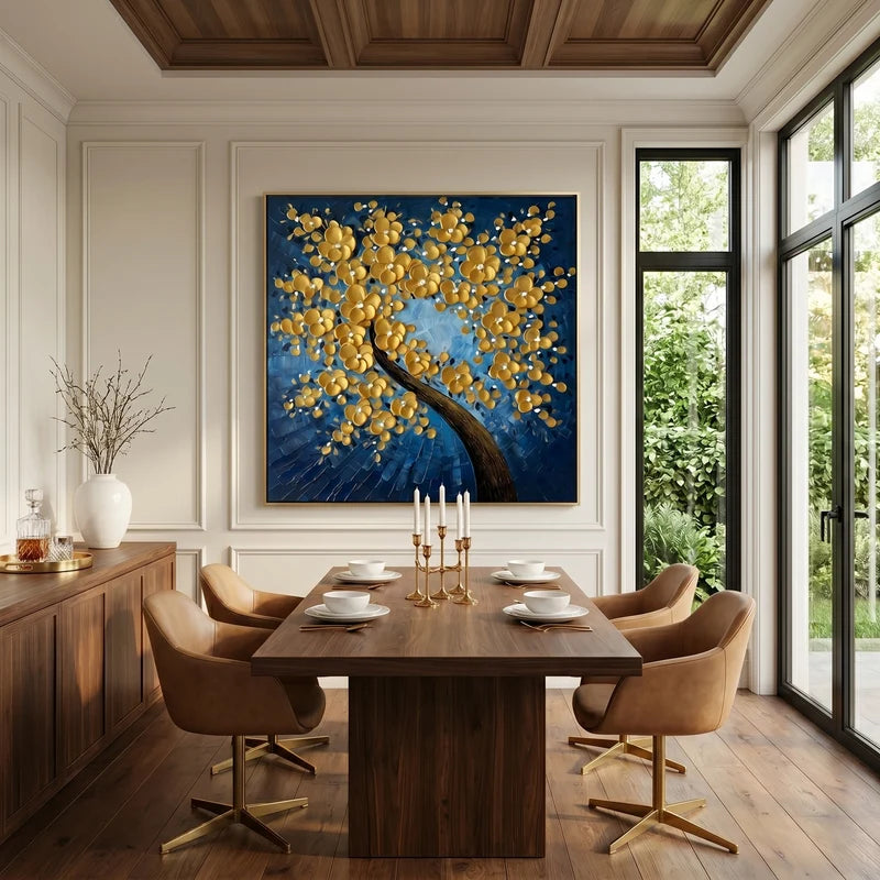Gold Blossom Tree Wall Art – Navy Blue Floral Painting#yy825184