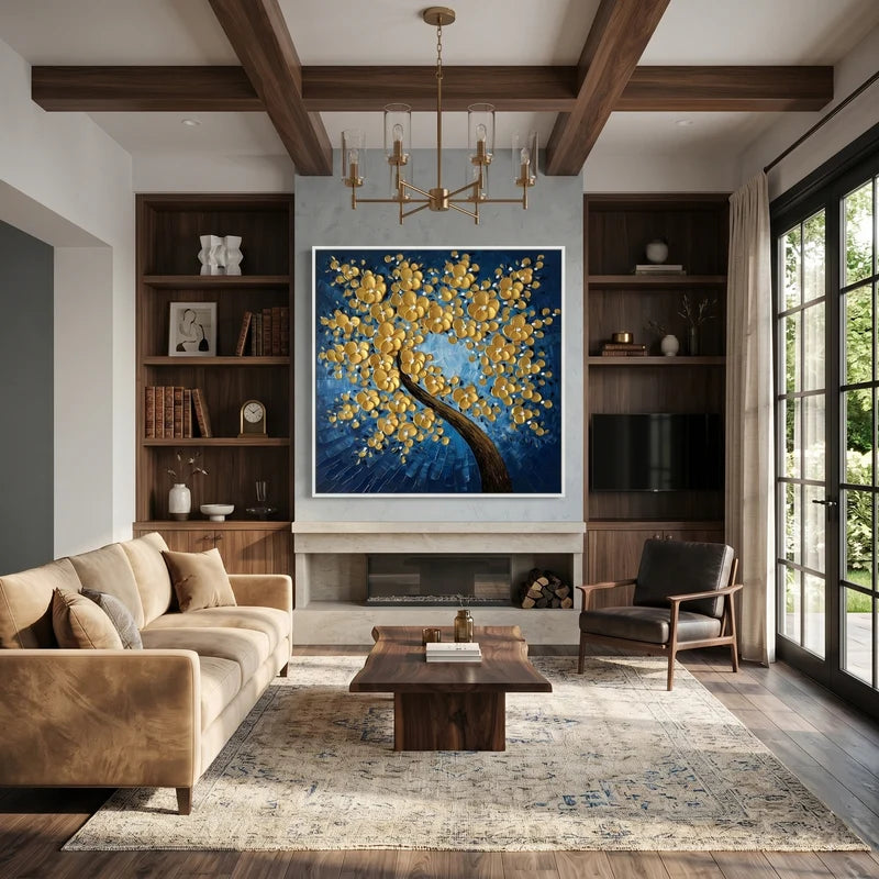 Gold Blossom Tree Wall Art – Navy Blue Floral Painting#yy825184