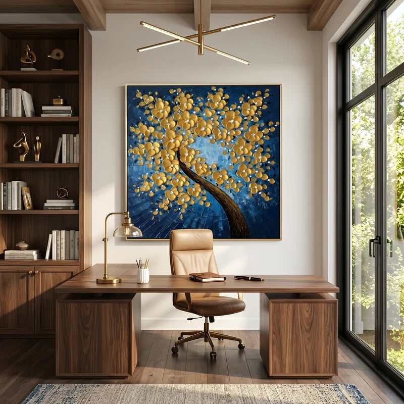 Gold Blossom Tree Wall Art – Navy Blue Floral Painting#yy825184