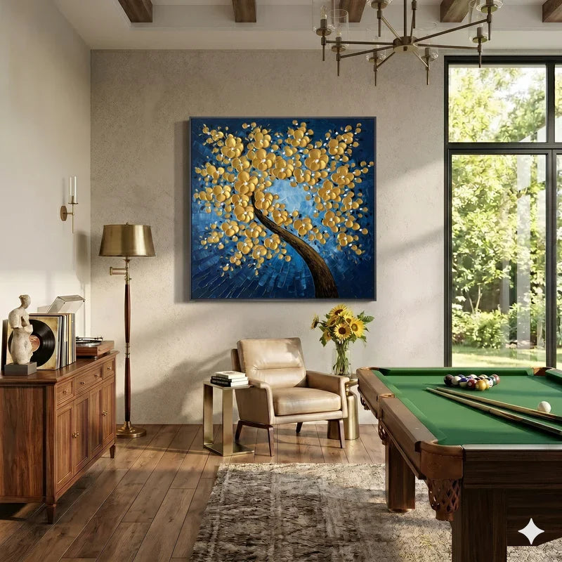 Gold Blossom Tree Wall Art – Navy Blue Floral Painting#yy825184