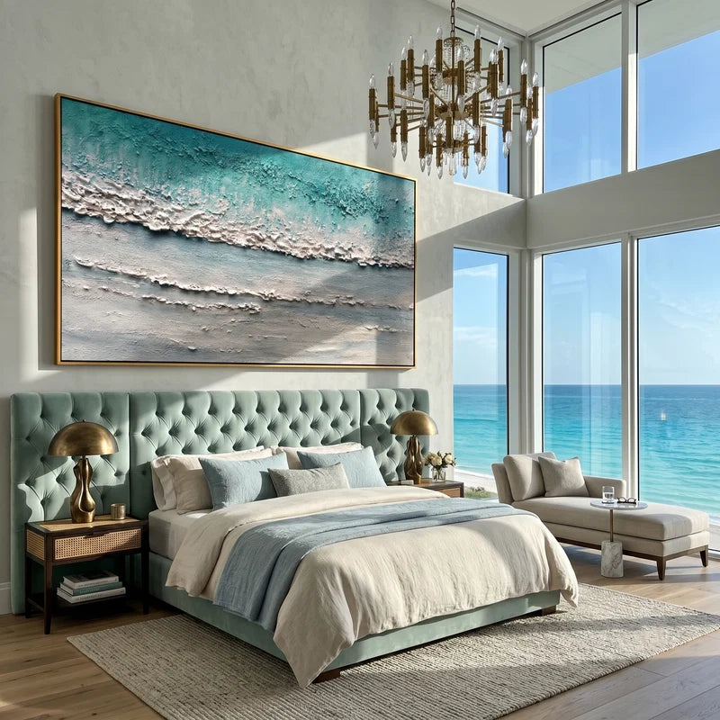 Teal Ocean Wave Wall Art – Minimalist Textured Seascape#yy825185