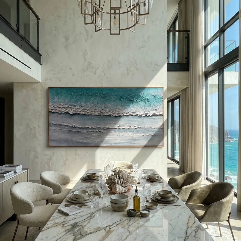 Teal Ocean Wave Wall Art – Minimalist Textured Seascape#yy825185