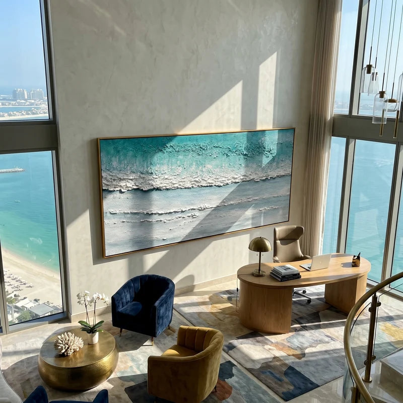 Teal Ocean Wave Wall Art – Minimalist Textured Seascape#yy825185