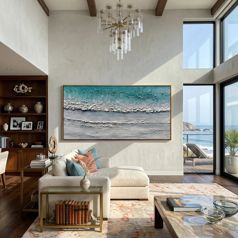 Teal Ocean Wave Wall Art – Minimalist Textured Seascape#yy825185