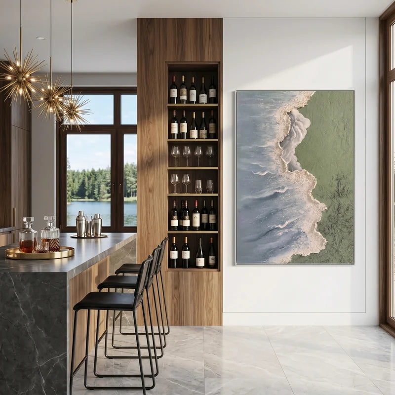 Blue Gray Ocean Wave Wall Art – Sage Green Coastal Painting#825189