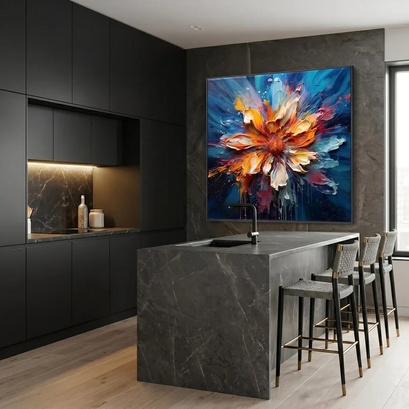 Orange & Blue Floral Wall Art – Vibrant Textured Painting#825191