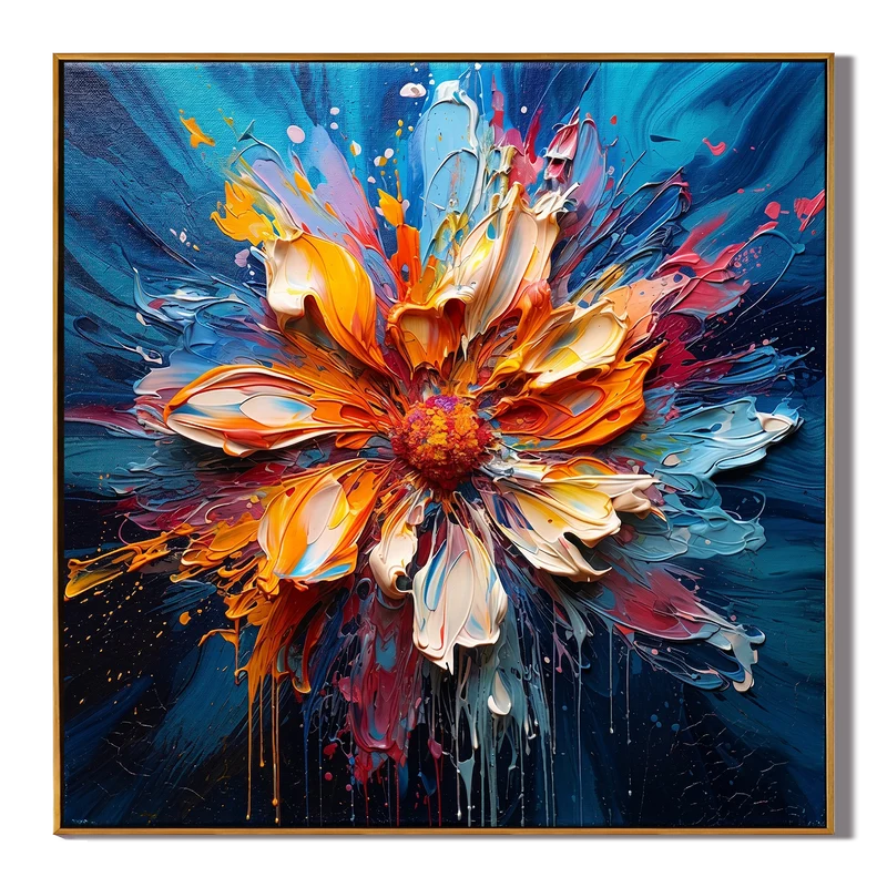Orange & Blue Floral Wall Art – Vibrant Textured Painting#825191