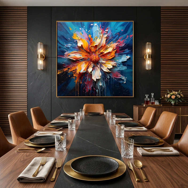 Orange & Blue Floral Wall Art – Vibrant Textured Painting#825191