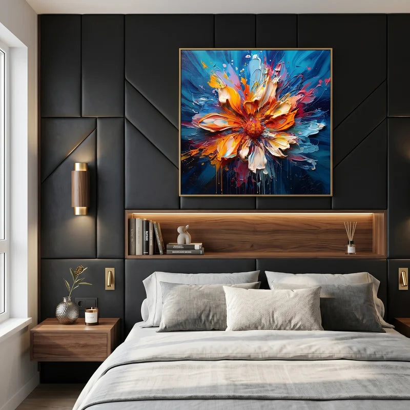 Orange & Blue Floral Wall Art – Vibrant Textured Painting#825191