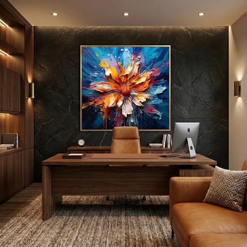 Orange & Blue Floral Wall Art – Vibrant Textured Painting#825191