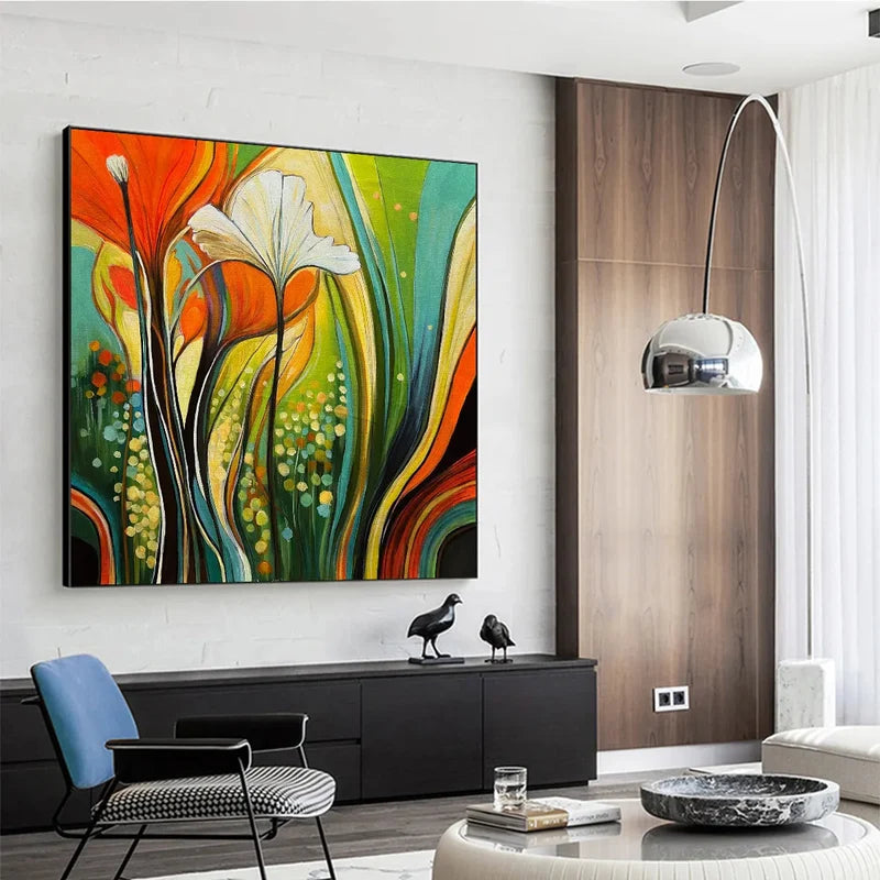 Colorful Abstract Floral Wall Art – Orange & Teal Painting#825192