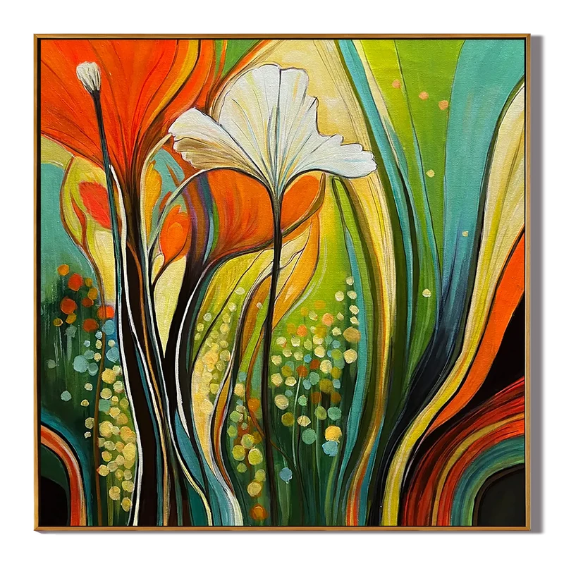 Colorful Abstract Floral Wall Art – Orange & Teal Painting#825192