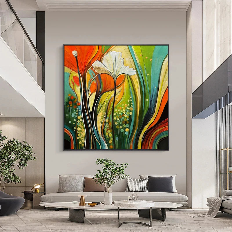 Colorful Abstract Floral Wall Art – Orange & Teal Painting#825192