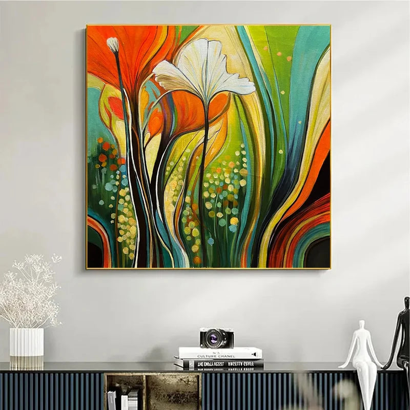 Colorful Abstract Floral Wall Art – Orange & Teal Painting#825192