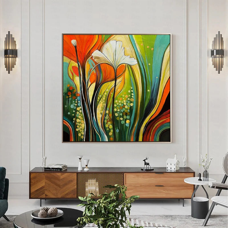 Colorful Abstract Floral Wall Art – Orange & Teal Painting#825192