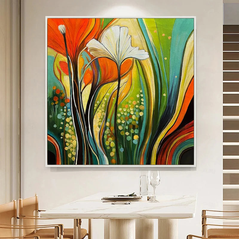 Colorful Abstract Floral Wall Art – Orange & Teal Painting#825192
