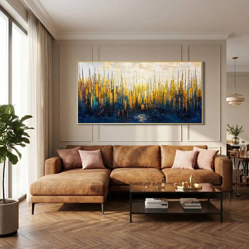 Gold & Blue City Skyline Wall Art – Textured Urban Painting#825196