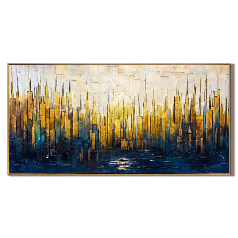 Gold & Blue City Skyline Wall Art – Textured Urban Painting#825196