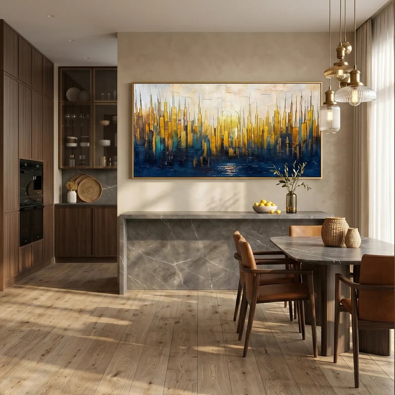 Gold & Blue City Skyline Wall Art – Textured Urban Painting#825196