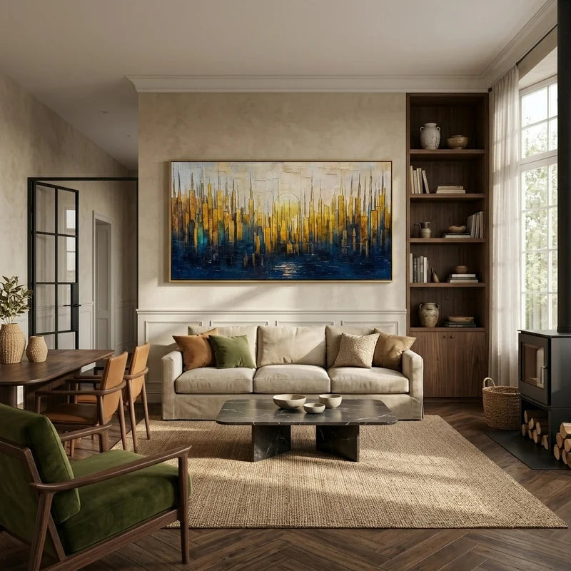 Gold & Blue City Skyline Wall Art – Textured Urban Painting#825196