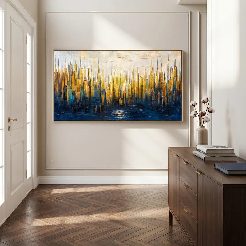 Gold & Blue City Skyline Wall Art – Textured Urban Painting#825196