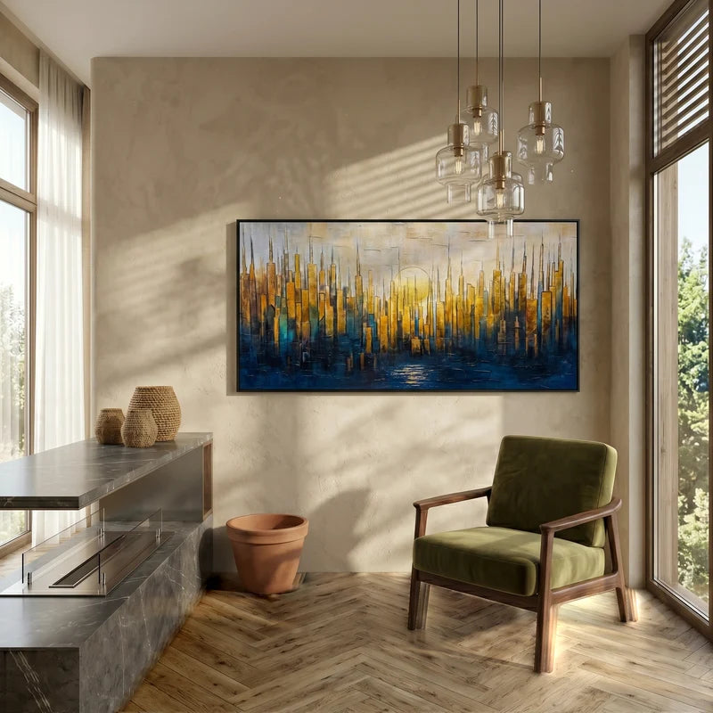 Gold & Blue City Skyline Wall Art – Textured Urban Painting#825196