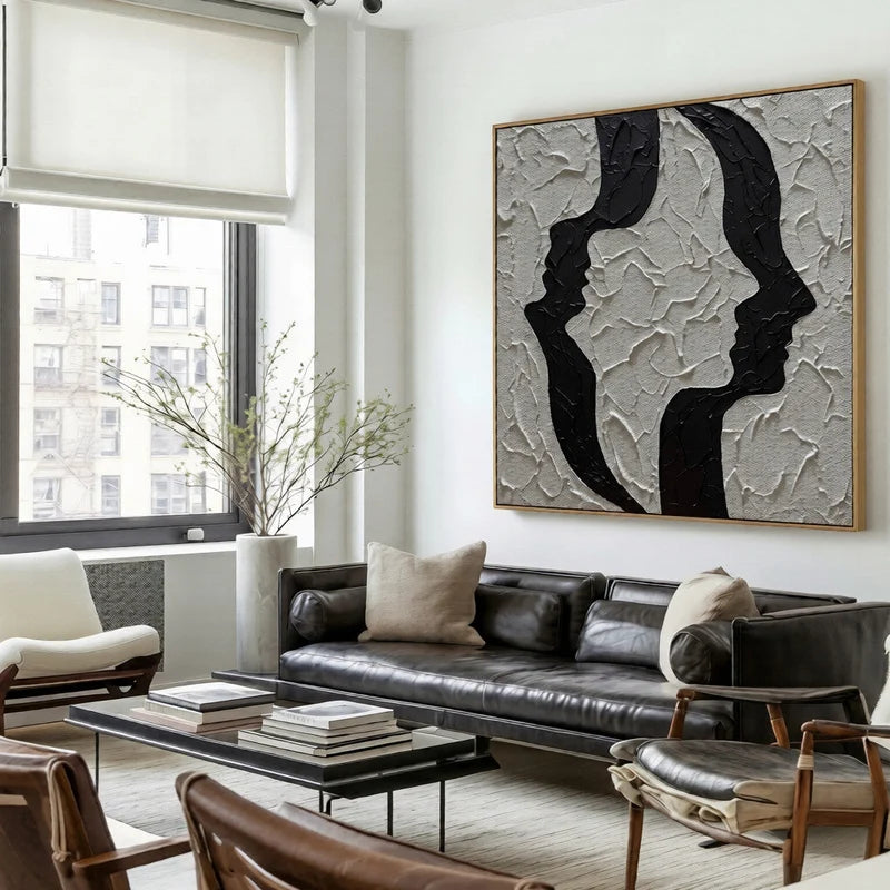 Face to Face Wall Art – Black & White Textured Couple Painting#yy825203